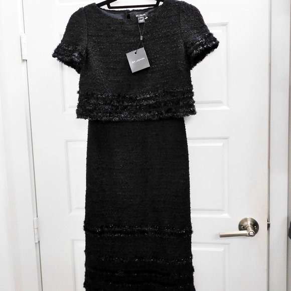 New St John Black Sparkle Fringe Boucle Knit‎ Dress sz 0 - Picture 1 of 5
